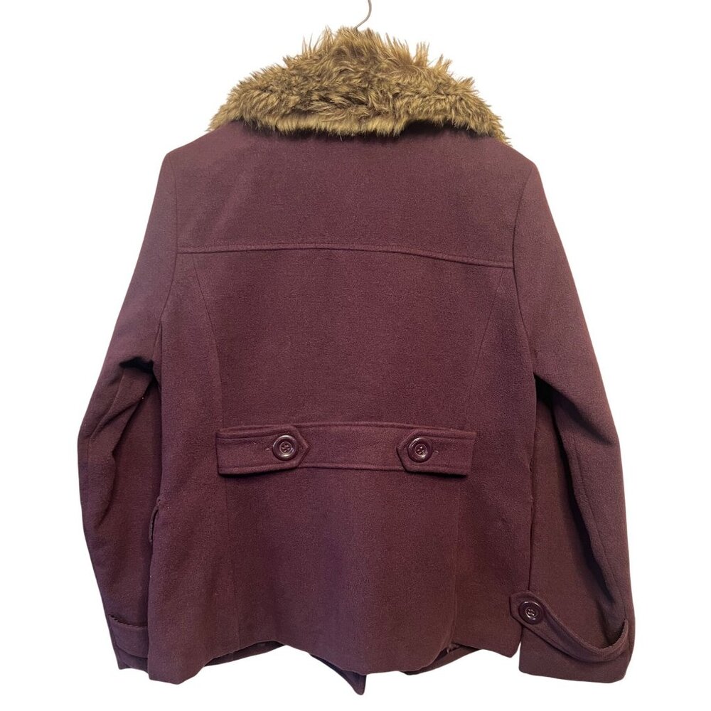 Dollhouse Women's Burgundy Peacoat Jacket Faux Fur Collar XL Double Breasted - Picture 2 of 16